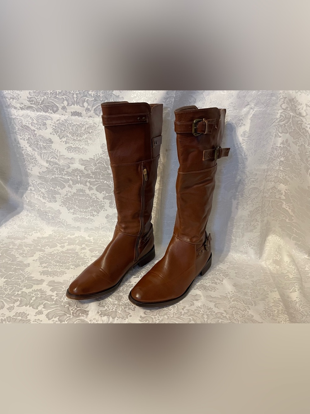 Classic Tall Brown Leather Riding Boots with Buckle Detail - Size 6